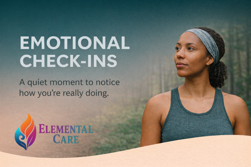 A woman standing quietly in a forest, looking reflective, with text about emotional check-ins and noticing how you’re really doing.