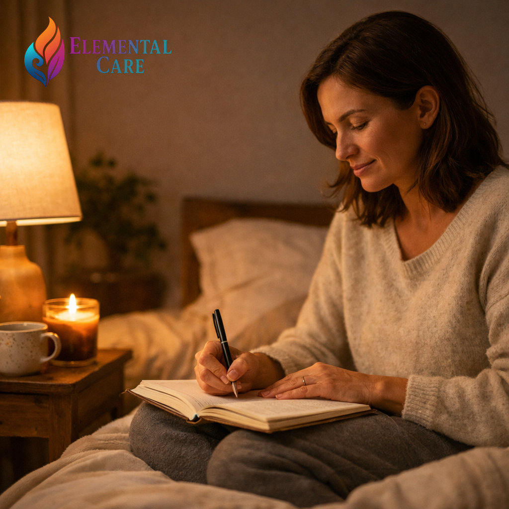 Woman journaling in soft evening light as part of a calming self-care ritual to support emotional well-being.
