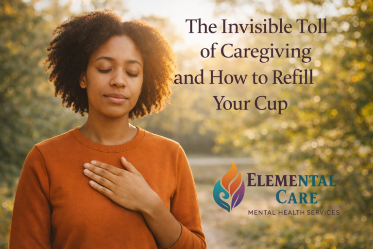Young African American woman in her mid-20s standing outdoors with eyes closed, practicing self-care and reflection after caregiver burnout.