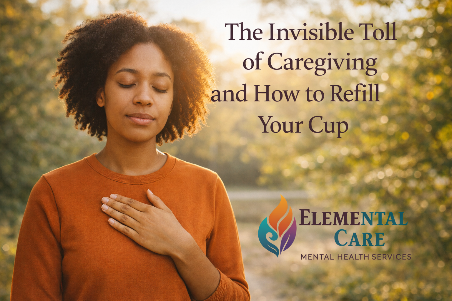 Young African American woman in her mid-20s standing outdoors with eyes closed, practicing self-care and reflection after caregiver burnout.