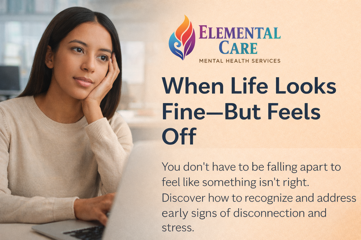 Woman sitting at a desk looking thoughtful and mentally fatigued, representing feeling off despite functioning in daily life