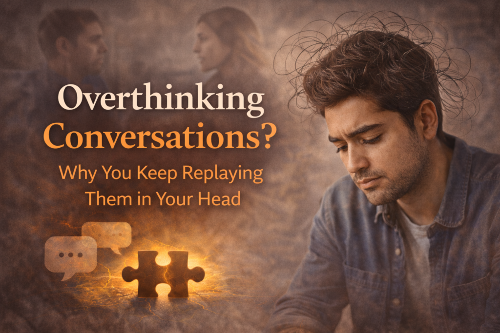 Overthinking conversations and replaying thoughts after social interactions causing mental stress
