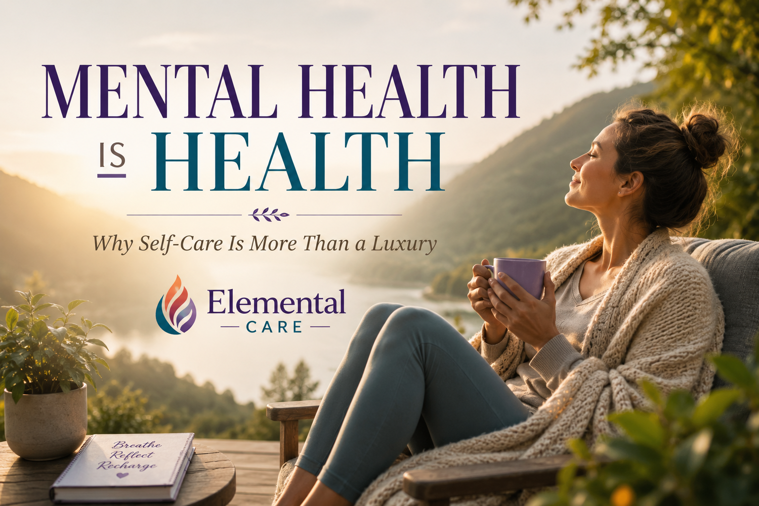 Woman relaxing outdoors with a cup of coffee while practicing self-care and prioritizing mental health and emotional wellness.